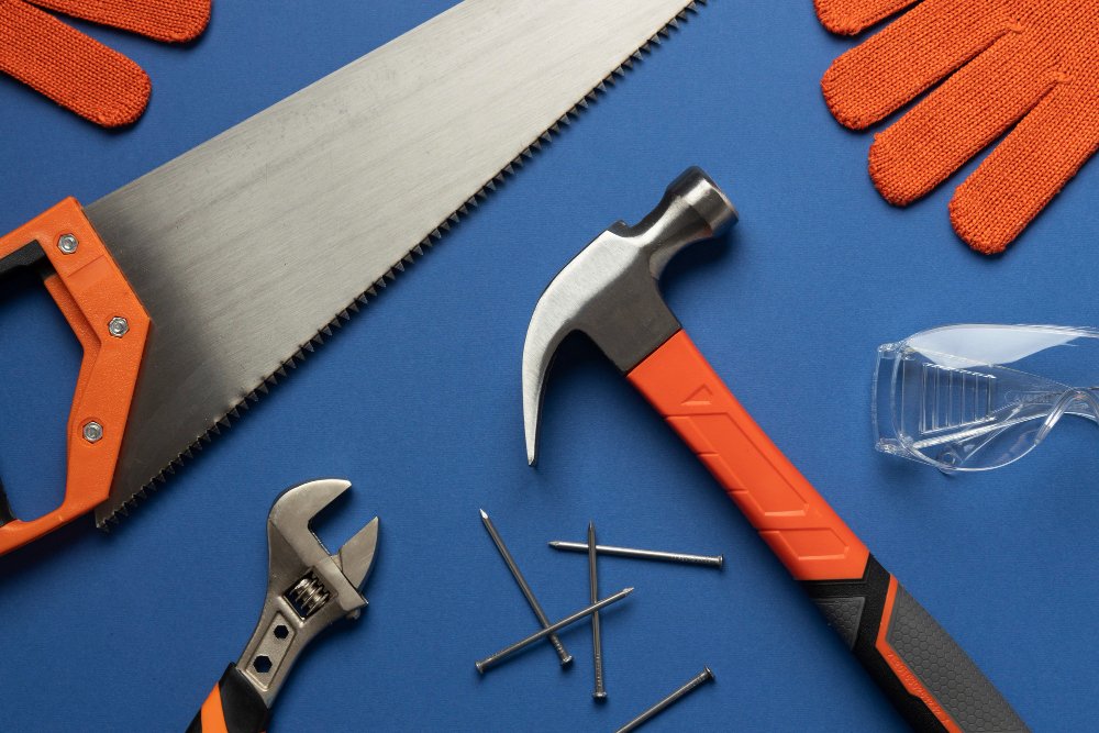 steel hammer with other construction elements and tools